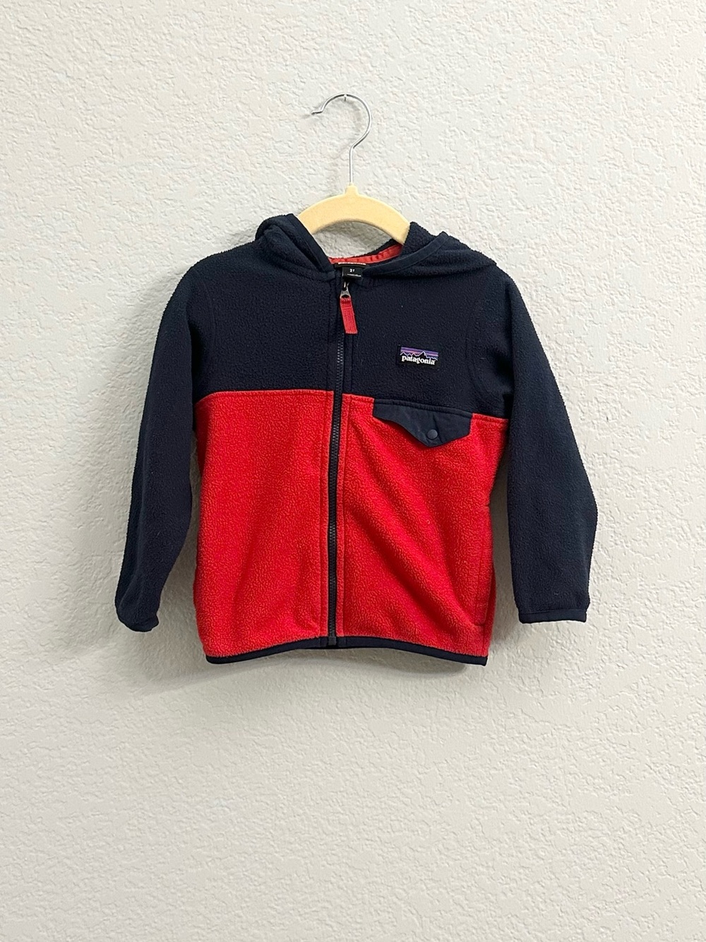 Patagonia Baby Micro D Snap-T Hooded Fleece Jacket Red Navy 2T